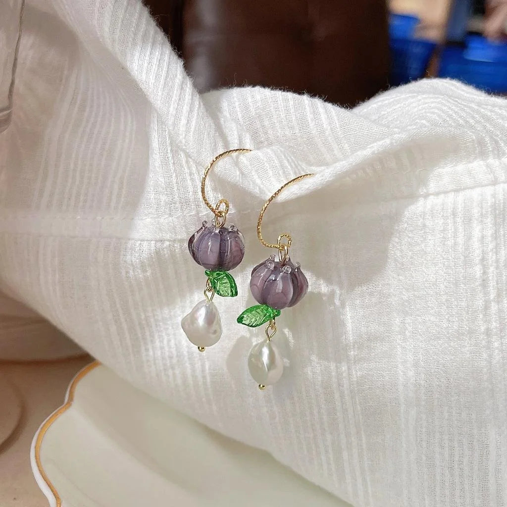 Handmade Forest Style Glass Crystal Freshwater Pearl Lotus Pod Floral Drop Earrings