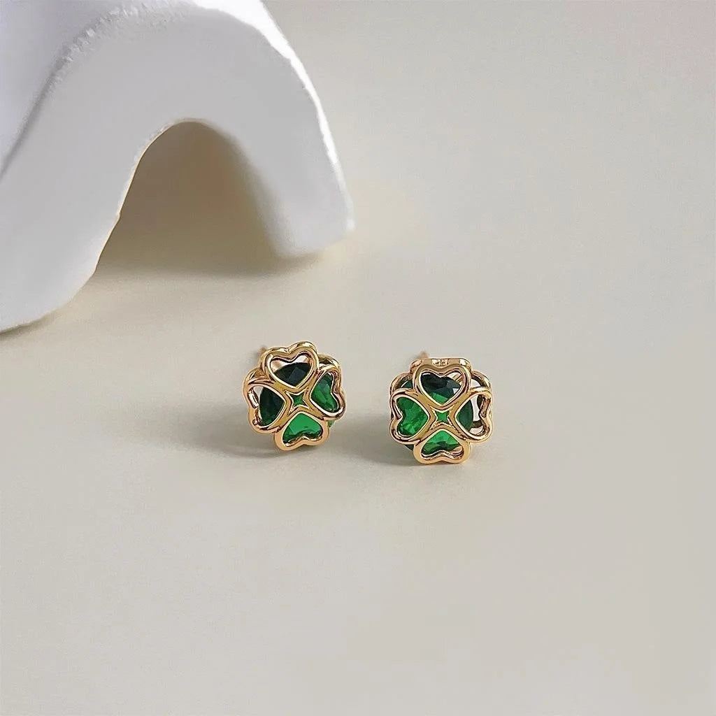 18K Gold Plated Copper Flower Stud Earrings Green Zircon Flower Leaf Design
