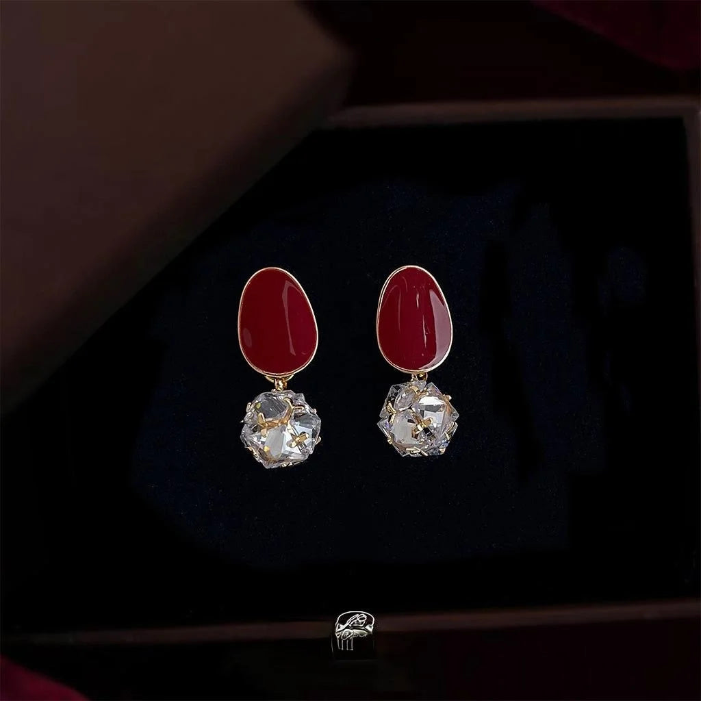 French Vintage Copper Oval Geometric Red Zircon Ball Stud Earrings For Women