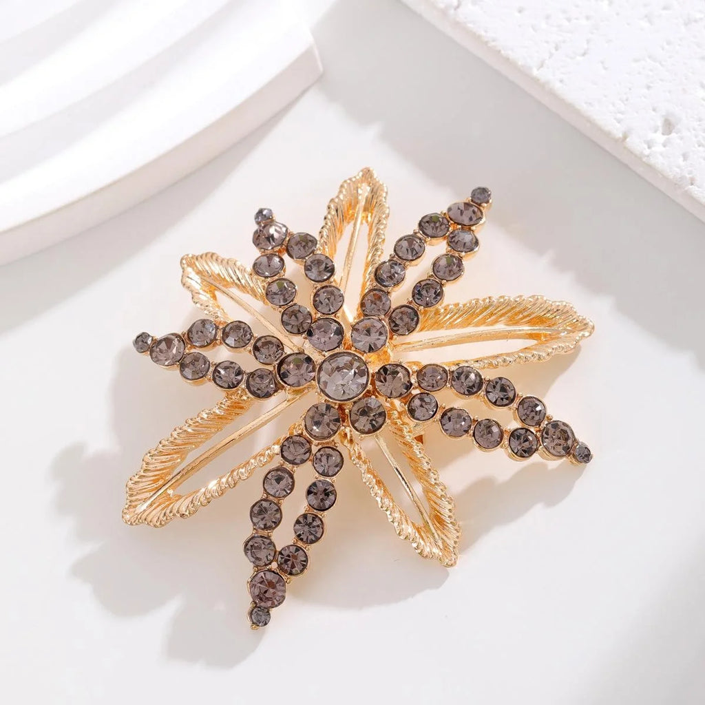 Elegant Snowflake Flower Rhinestone Alloy Brooch, Luxury Gold Tone Lapel Pin Corsage Suit Accessory