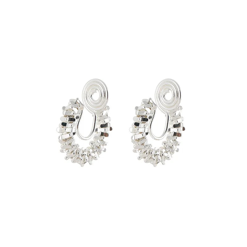 Vintage Spiral Coil Rhinestone Hoop Stud & Clip On No Piercing Minimalist Silver Alloy Earrings