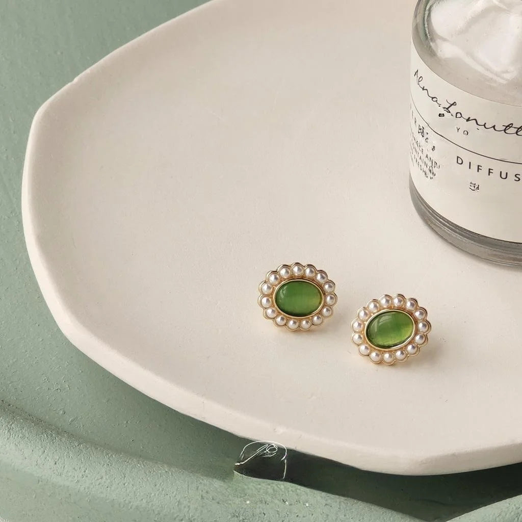 French Romantic Oval Glass Cat Eye Stone Stud Earrings 14K Plated Forest Style