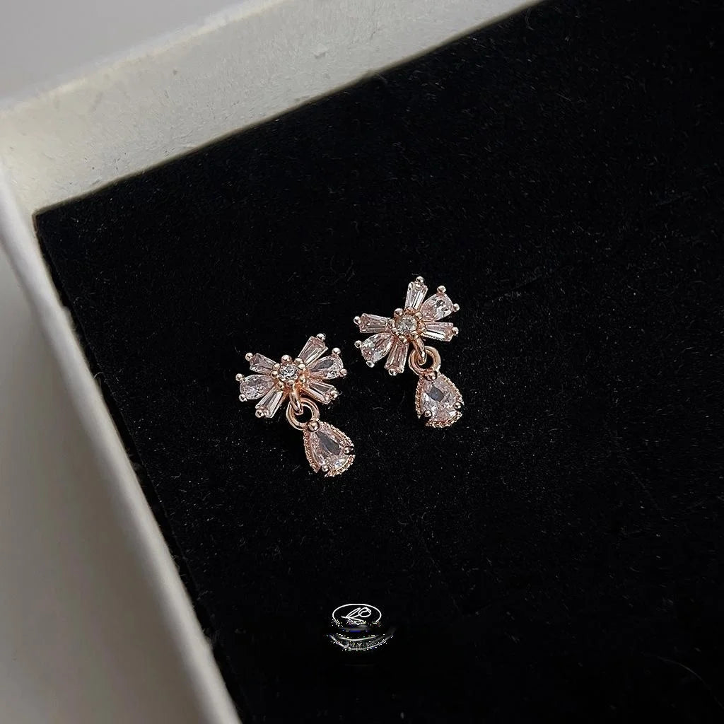 Rose Gold Plated Copper Bow Teardrop Drop Earrings With Micro Pave Zircon Light Luxury