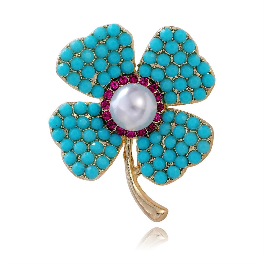 Elegant Four Leaf Clover Brooch With Turquoise Beads, Pearl And Rhinestone Lapel Pin Suit Accessory Gift