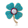 Elegant Four Leaf Clover Brooch With Turquoise Beads, Pearl And Rhinestone Lapel Pin Suit Accessory Gift