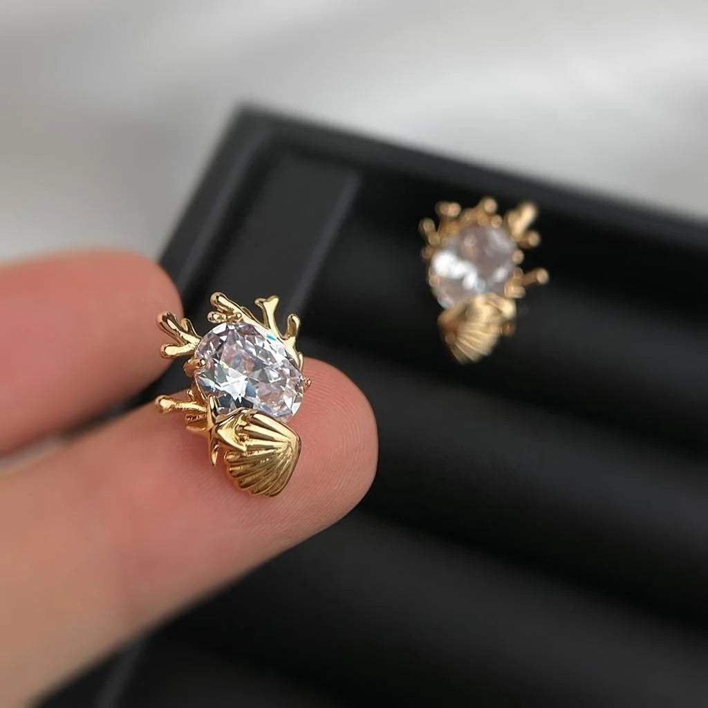 Ocean Shell Zircon Stud Earrings Silver Plated Pin Geometric Round Designer Fashion Jewelry