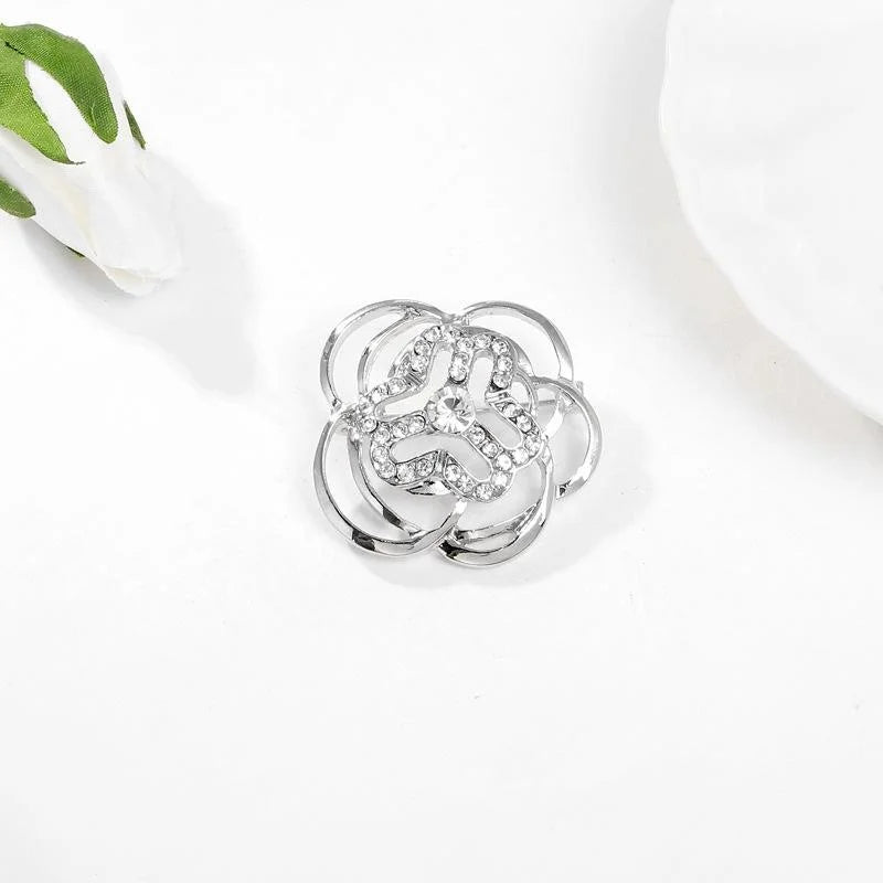 Elegant Rose Gold Alloy Flower Emblem Brooch With Rhinestones, Women's Lapel Pin Suit Accessory Gift