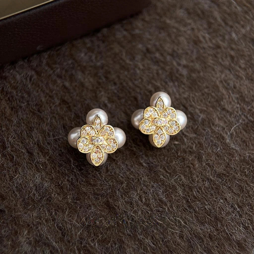 Premium 14K Gold Plated Copper Iris Flower Zircon Pearl Stud Earrings