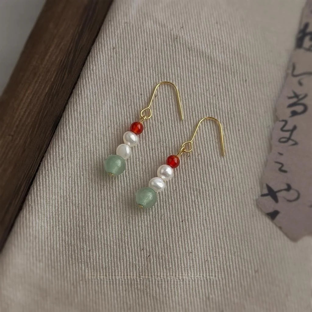 Vintage New Chinese Freshwater Pearl Red Agate Natural Stone Geometric Drop Earrings