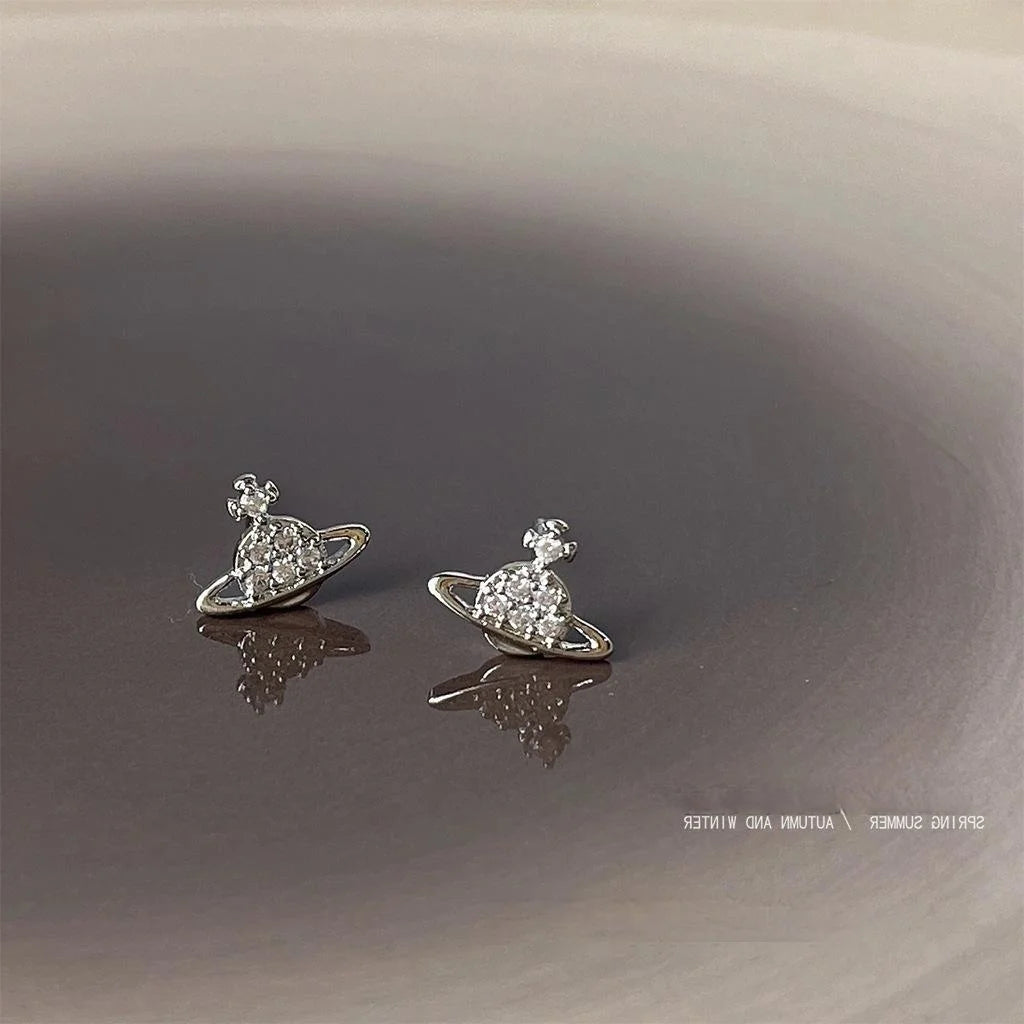 Mini Micro Pave Zircon Copper Stud Earrings With Silver Plated Pins Space Planet Style Jewelry