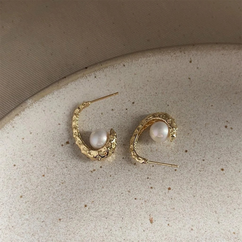 French Vintage Textured Oval Spoon Stud Earrings Copper And Pearl Accent