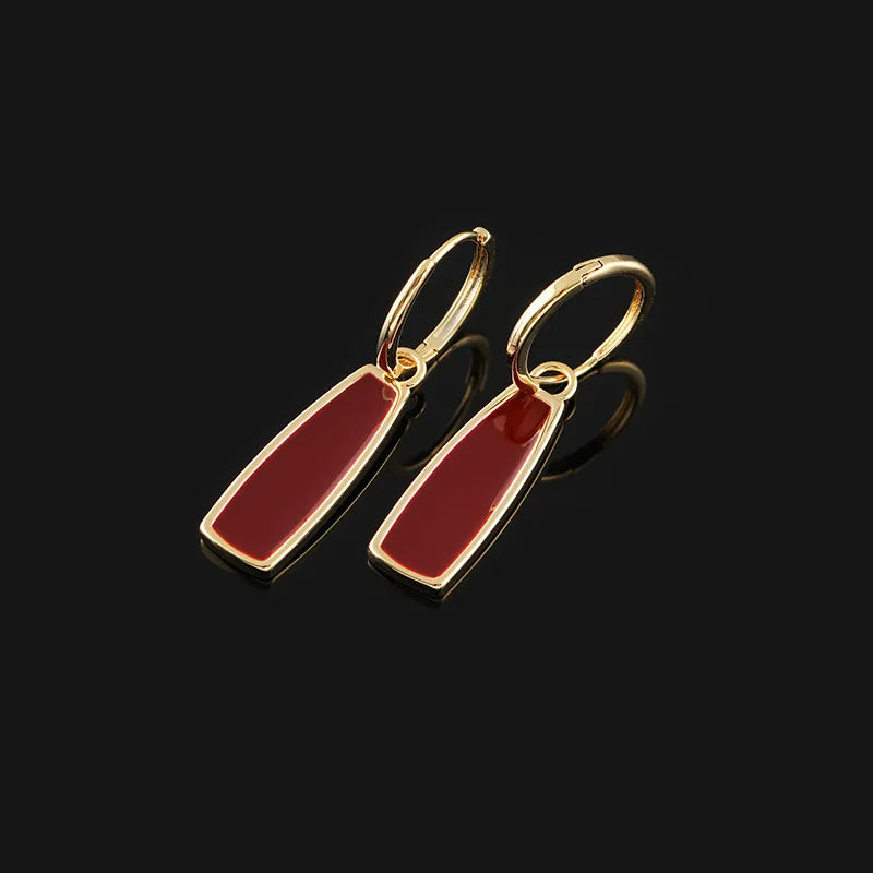 Elegant Red Enamel Geometric Bar Dangle Hoop Stud & Clip On No Piercing Gold Alloy Earrings