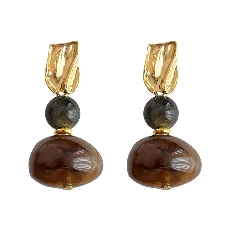 Vintage Maillard Style Obsidian Resin Irregular Geometric Handmade Drop Earrings