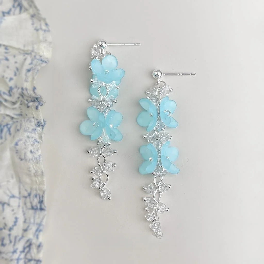 Blue Glass Crystal Flower Drop Earrings Vacation Style Statement Floral Jewelry