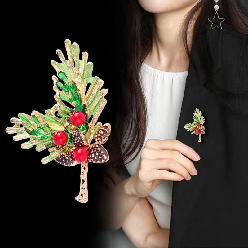 Elegant Enamel Pine Needle Leaf And Pinecone Alloy Brooch With Red Berries, Festive Lapel Pin Gift