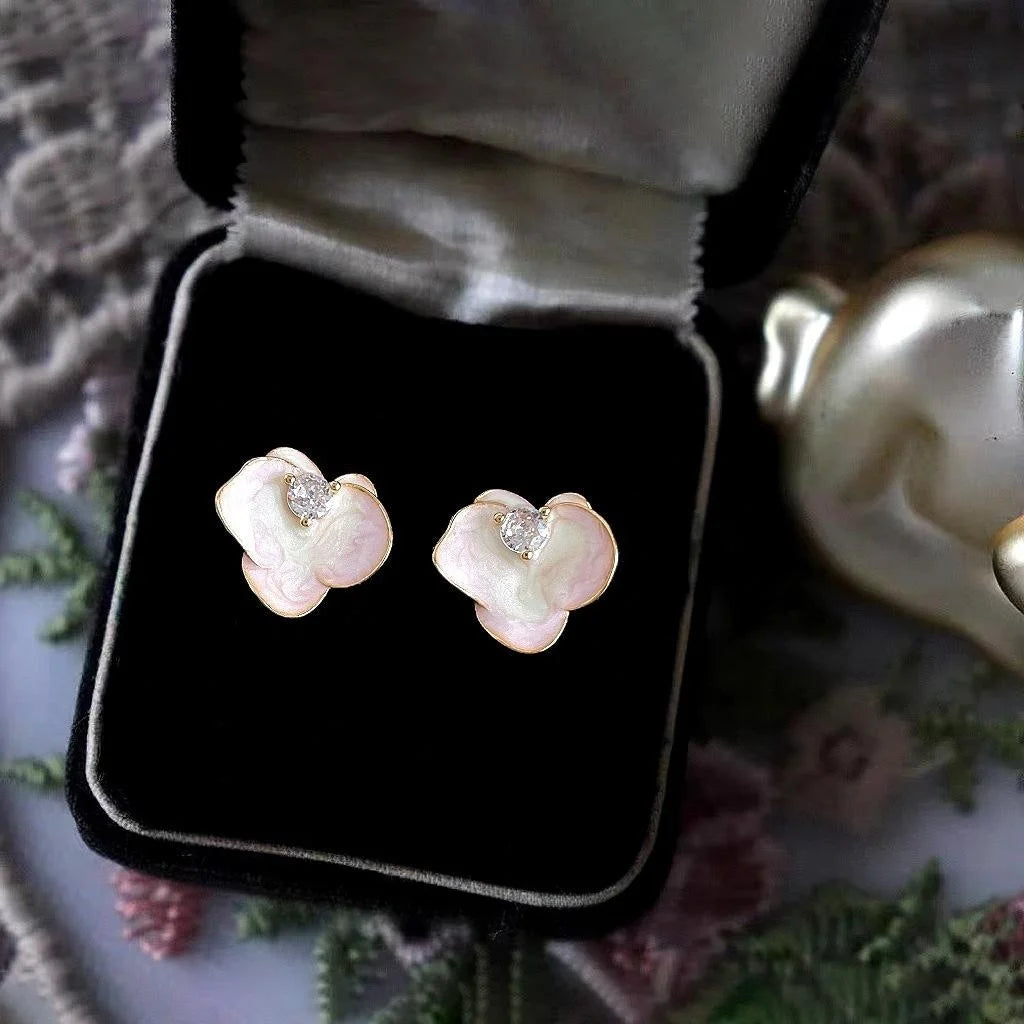 New Chinese Pink Gradient Drip Glaze Enamel Orchid Stud Earrings With Zircon Floral Petal Design