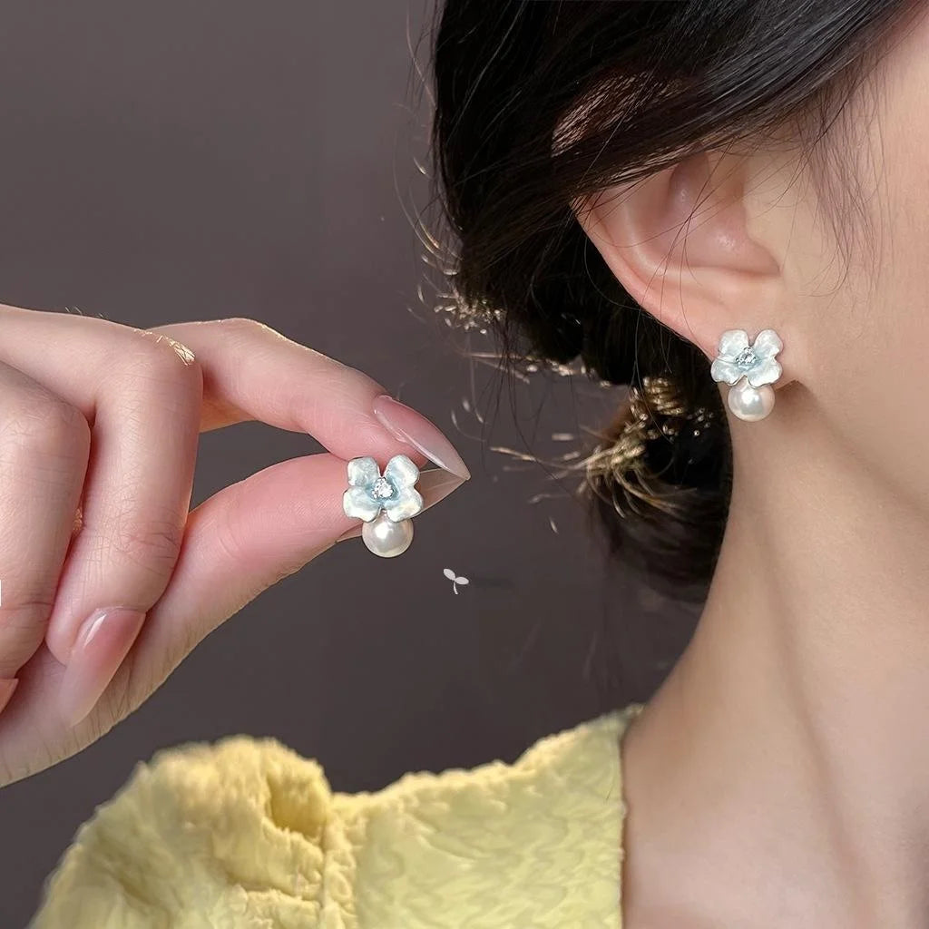 Sweet Glass Pearl Micro Pave Zircon Silver Plated Copper Enamel Gradient Flower Drop Earrings