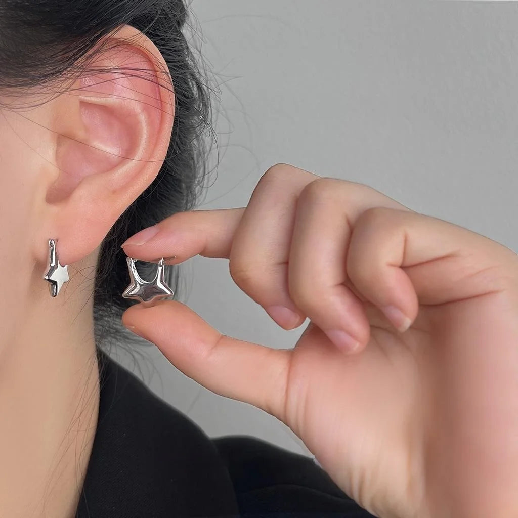 Sweet Cool Silver Tone Copper Five Point Star Stud Earrings Trendy Minimalist Fashion Jewelry