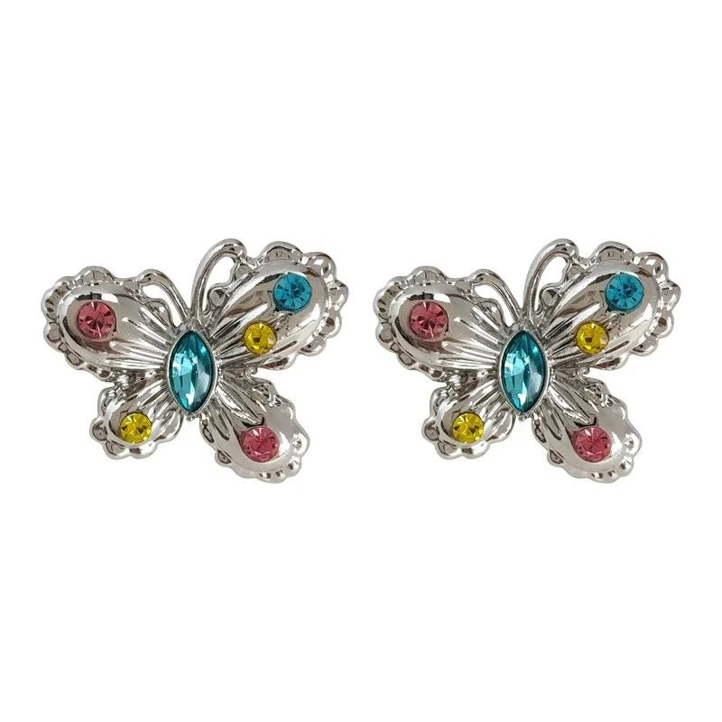 Sweet Cool Copper Butterfly Drop Earrings With Colorful Rhinestones, Niche Light Luxury Jewelry