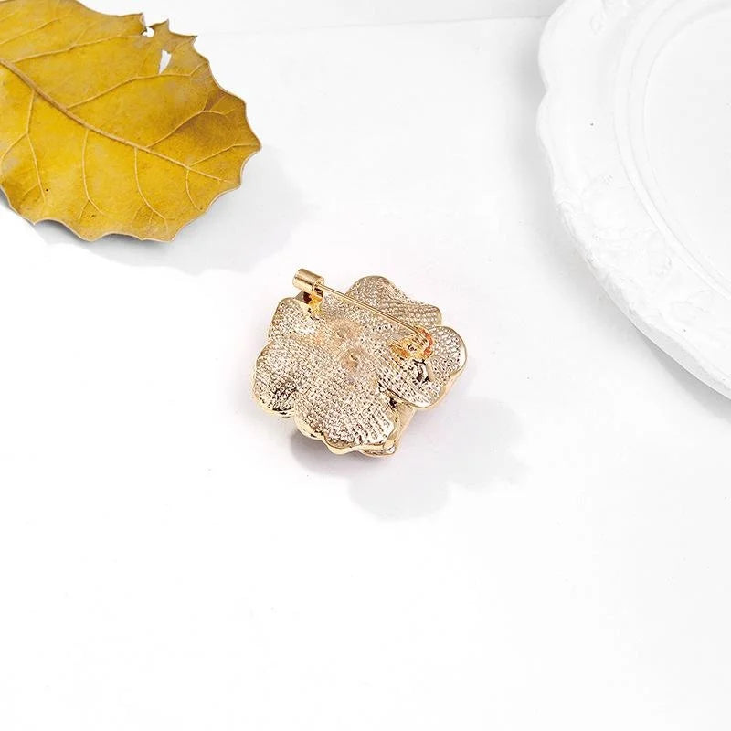 Elegant Black Enamel Camellia Flower Brooch With Rhinestones, Gold Alloy Lapel Pin Suit Accessory