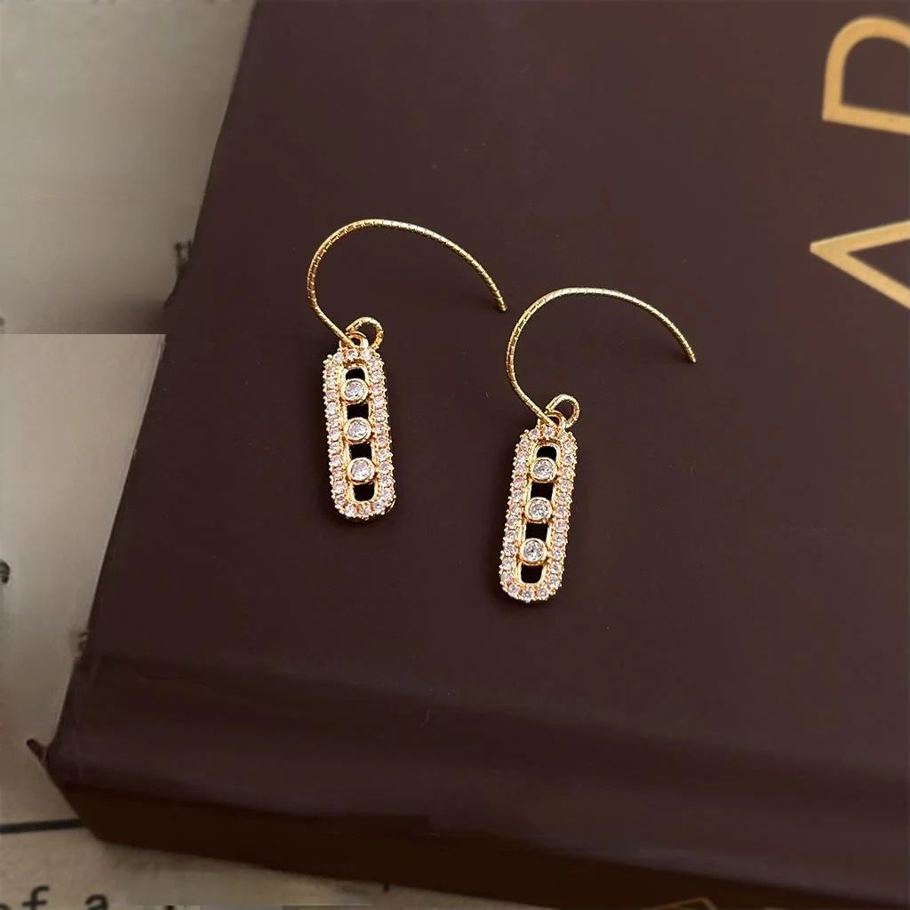 Minimalist French Geometric Oval Bar Zircon Micro Pave Eco Copper Drop Earrings
