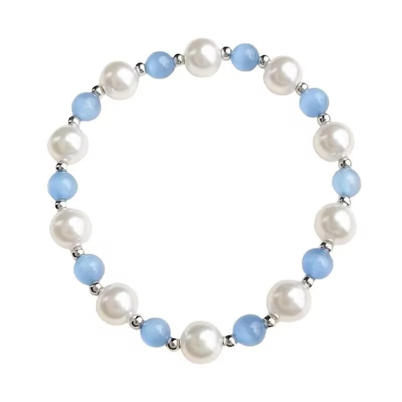 Glass Cat Eye Stone Crystal Bracelet With Glass Pearl Round Beads Fresh Sweet Summer Style