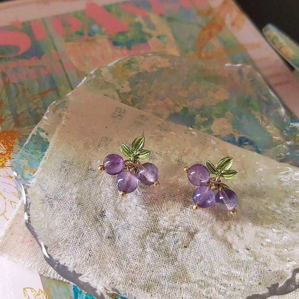 Natural Amethyst Stone Grape Stud Earrings Silver Plated Enamel Pastoral Handmade Jewelry