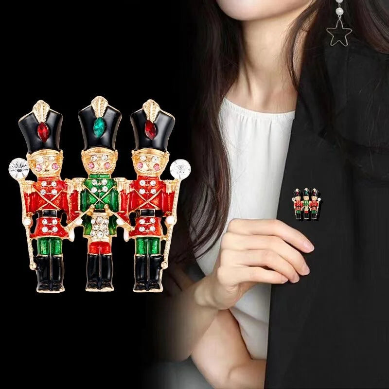 Cute Enamel Nutcracker Soldier Rhinestone Brooch, Vintage Christmas Lapel Pin Suit Accessory Gift