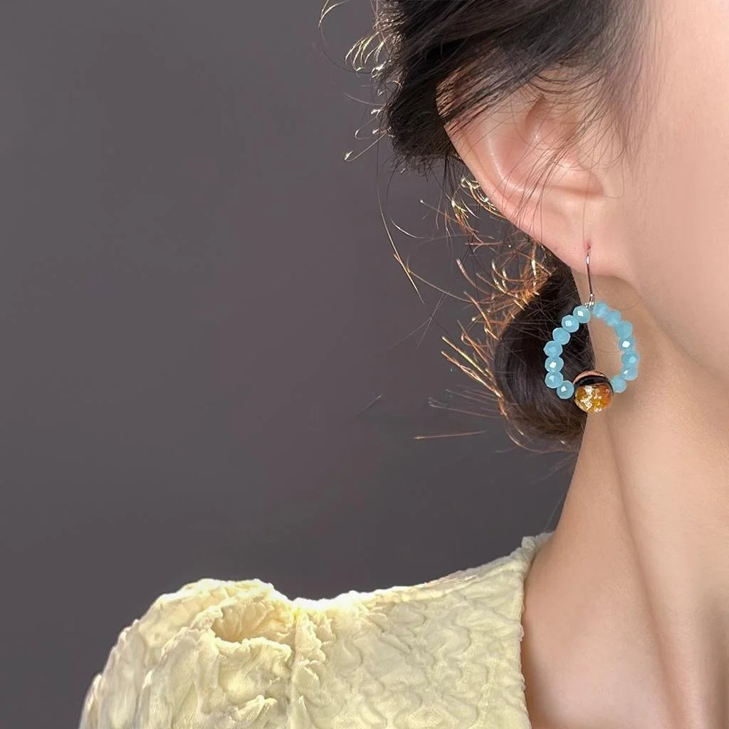 Aquamarine Glass Liuli Round Geometric Drop Earrings Vintage New Chinese Handmade Jewelry