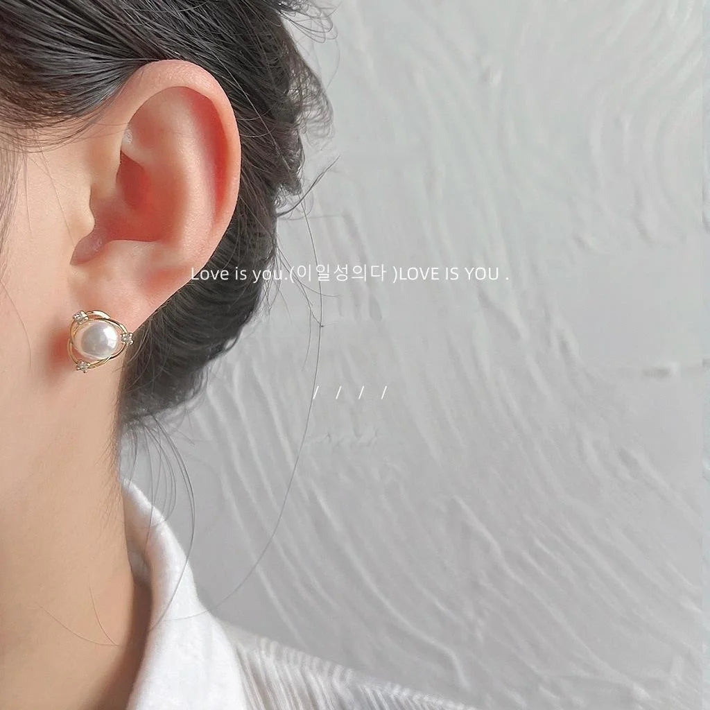 Freshwater Pearl Micro Pave Zircon 14K Plated Geometric Circle Cross Stud Earrings