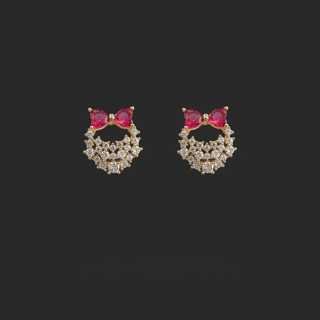 Sweet Princess Copper Micro Pave Zircon Bow Handbag Stud Earrings Rose Red Luxury Jewelry