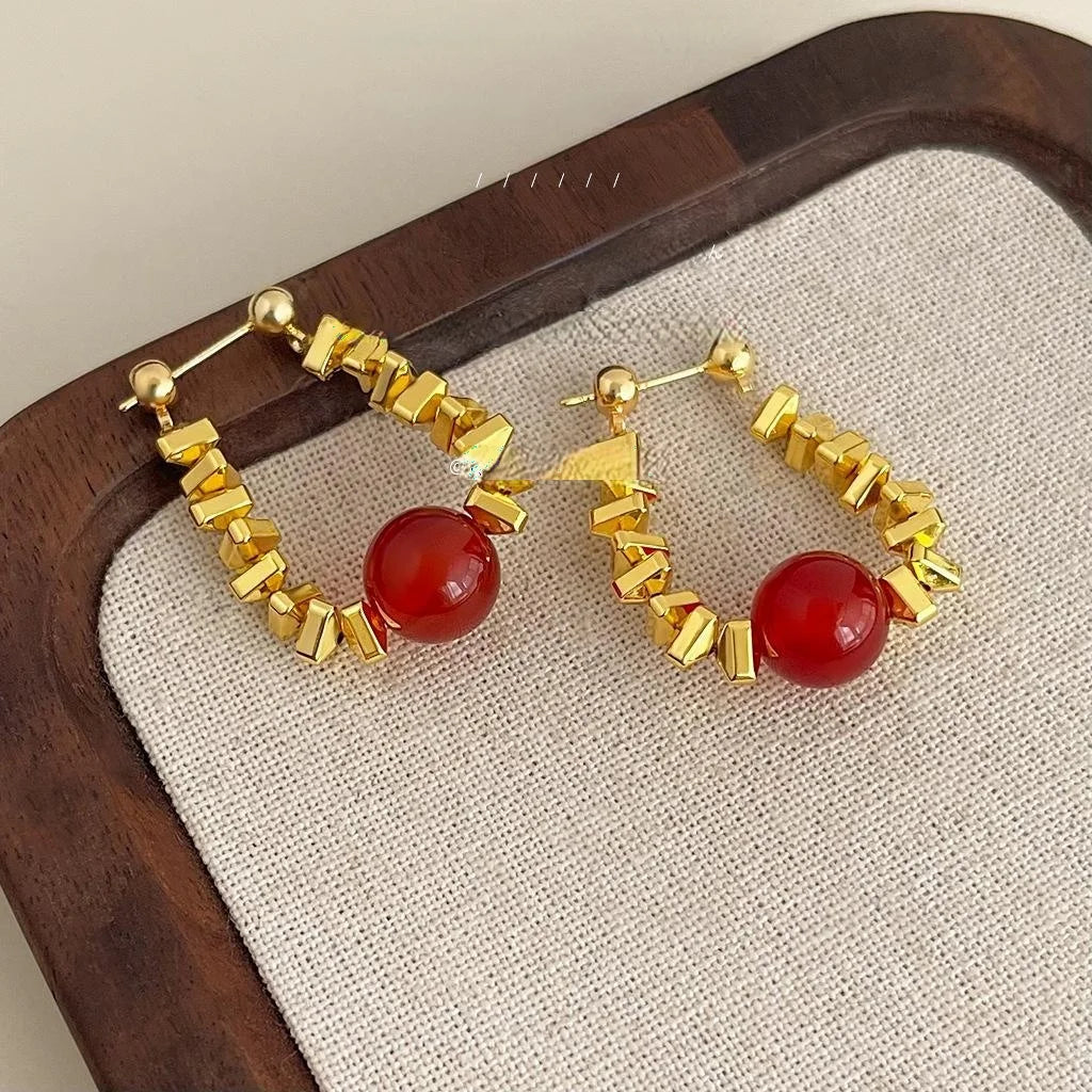 Light Luxury Red Agate Natural Stone Geometric Round Copper Drop Earrings