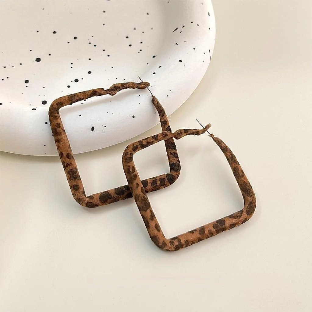 Vintage Copper Leopard Flocked Square Geometric Hoop Earrings For Women