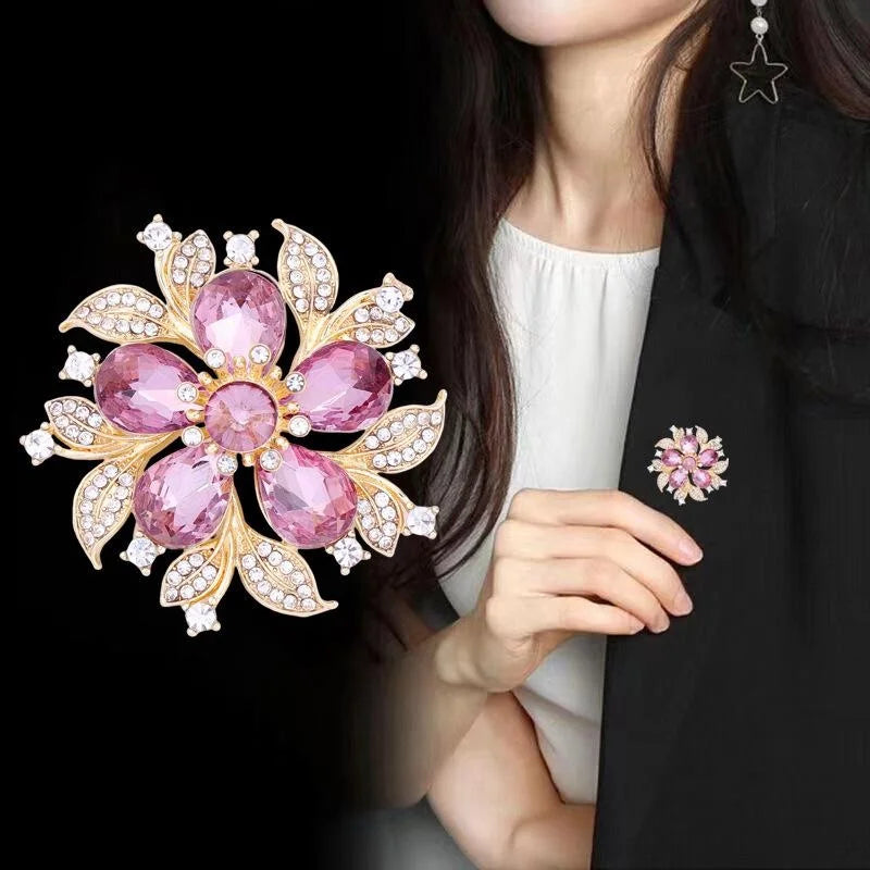 Elegant Blue Crystal Flower Brooch With Rhinestone Leaves, Silver Alloy Lapel Pin Corsage Suit Accessory