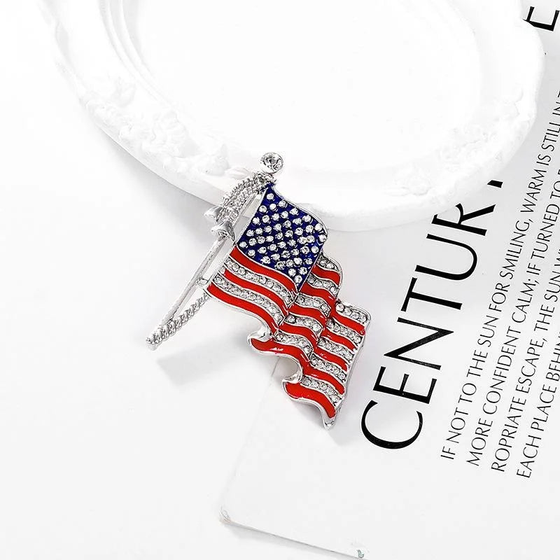 Elegant American Flag Rhinestone Enamel Alloy Brooch, Patriotic Waving Flag Lapel Pin Suit Accessory Gift