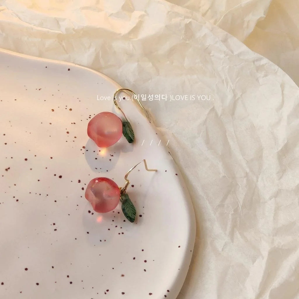 Pink Glazed Glass Peach Drop Earrings With Silver Plated Pins, Handmade Sweet Cute Jewelry