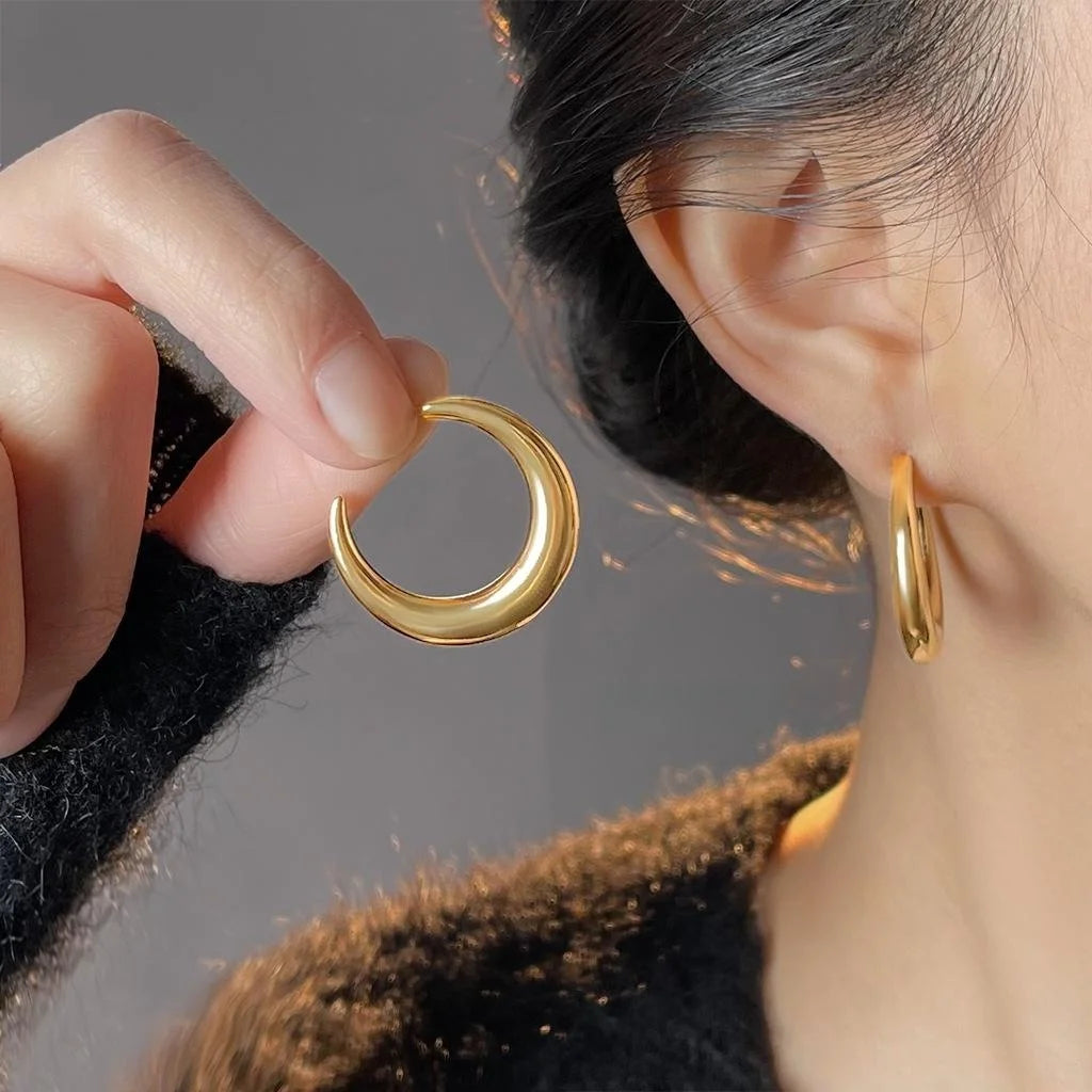 14K Gold Plated Copper Geometric Round Hoop Drop Earrings For Women Minimalist Office Jewelry