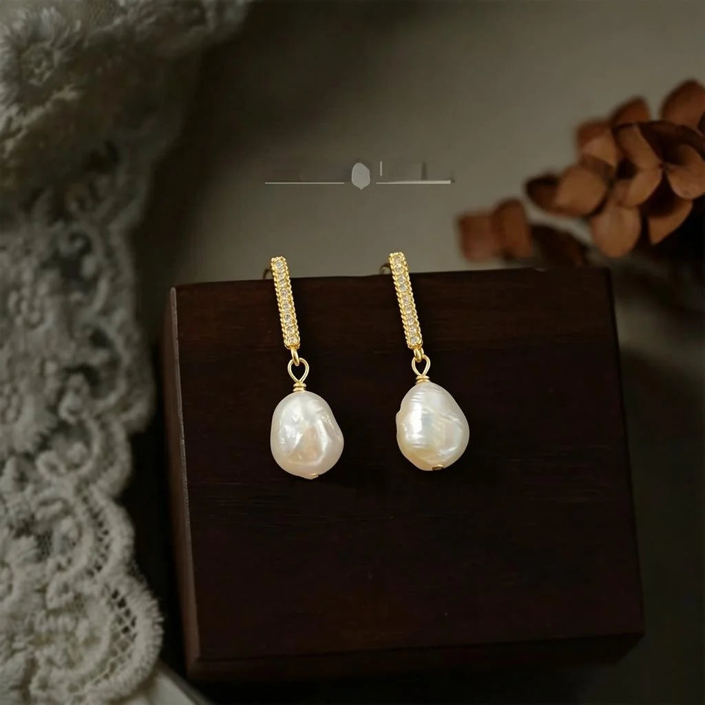 Baroque Irregular Freshwater Pearl Micro Pave Zircon Copper Stud Earrings Silver Plated Handmade Jewelry