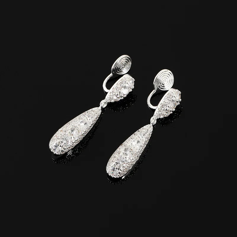 Elegant Luxury Rhinestone Teardrop Tassel Dangle Stud & Clip On No Piercing Long Bridal Earrings
