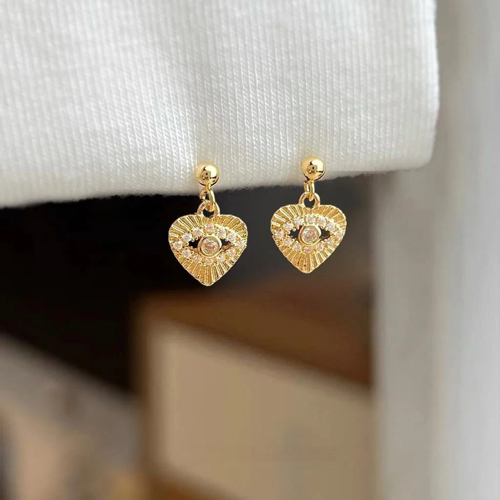 Mini Vintage Copper Zircon Eye Heart Stud Earrings Minimalist Fashion Jewelry