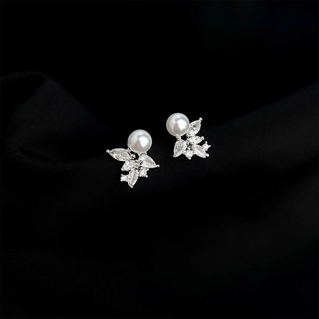 Copper Micro Pave Zircon Pearl Ice Flower Stud Earrings For Women