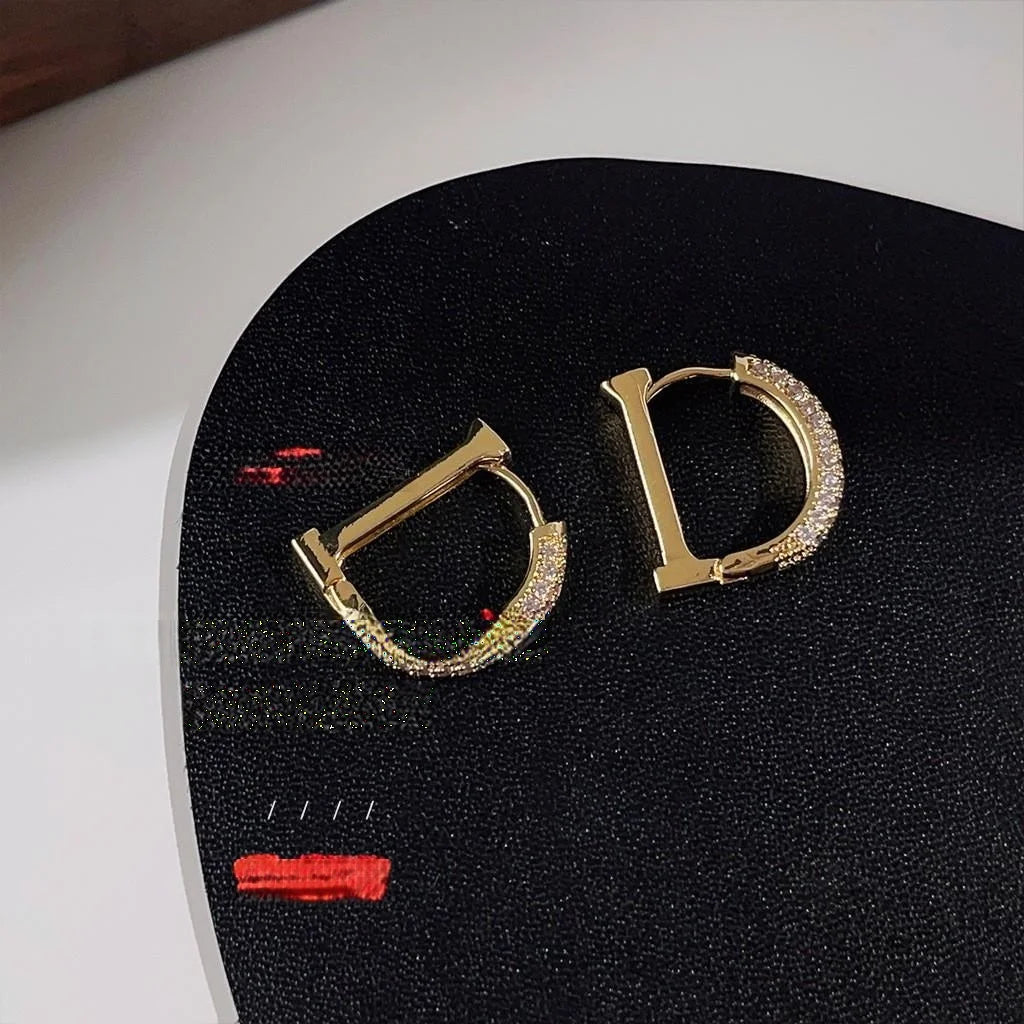 Copper Micro Pave Zircon Letter D Drop Earrings Light Luxury Geometric Semi Circle Jewelry