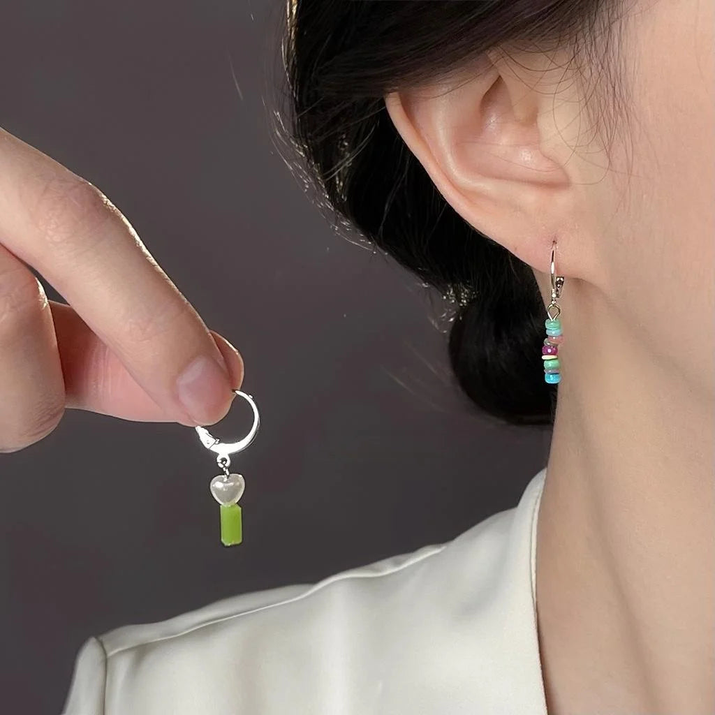 Sweet Asymmetric Shell Beaded Tassel Drop Earrings Colorful Geometric Ear Jewelry