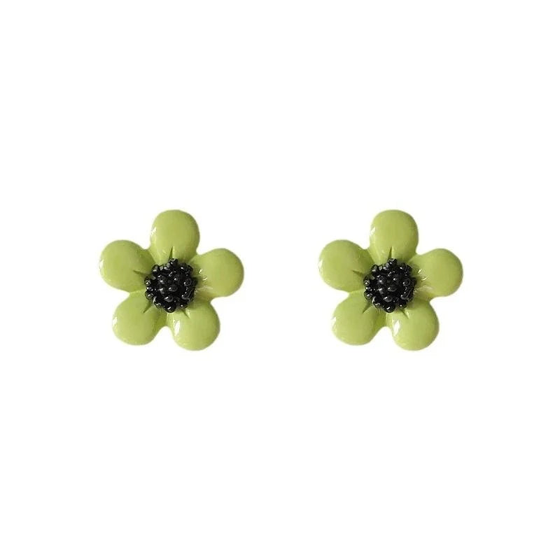 Avocado Green Flower Stud Earrings Silver Plated Metal Fresh Minimalist Summer Jewelry