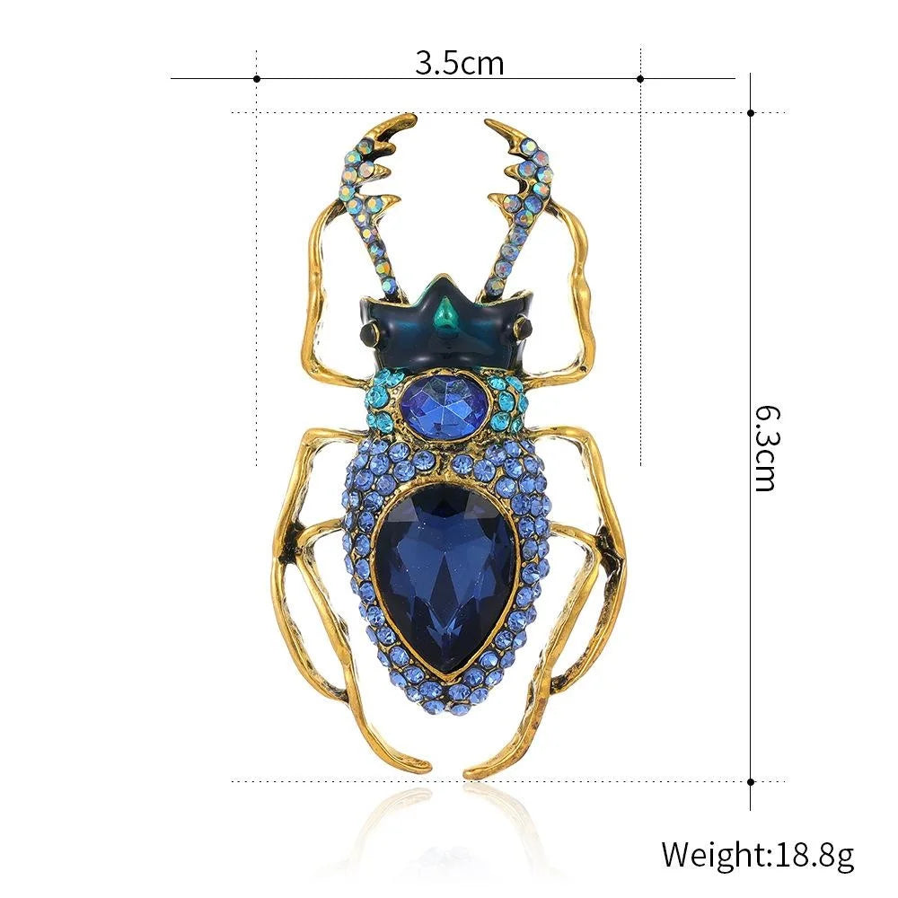 Luxury Blue Rhinestone Beetle Brooch, Gold Alloy Enamel Insect Lapel Pin Corsage Suit Accessory Gift