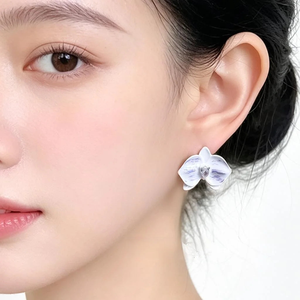 Light Purple Enamel Butterfly Orchid Flower Copper Zircon Drop Earrings Fresh Fairy Style