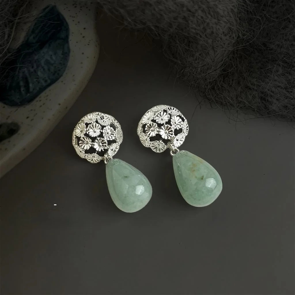 Natural Aventurine Jade Flower Drop Earrings New Chinese Vintage Teardrop Guofeng Jewelry