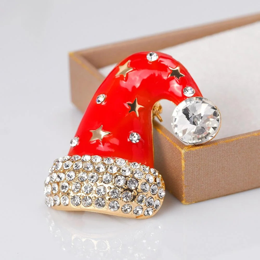 Cute Red Enamel Christmas Santa Hat Brooch With Rhinestone Stars, Alloy Lapel Pin Corsage Gift