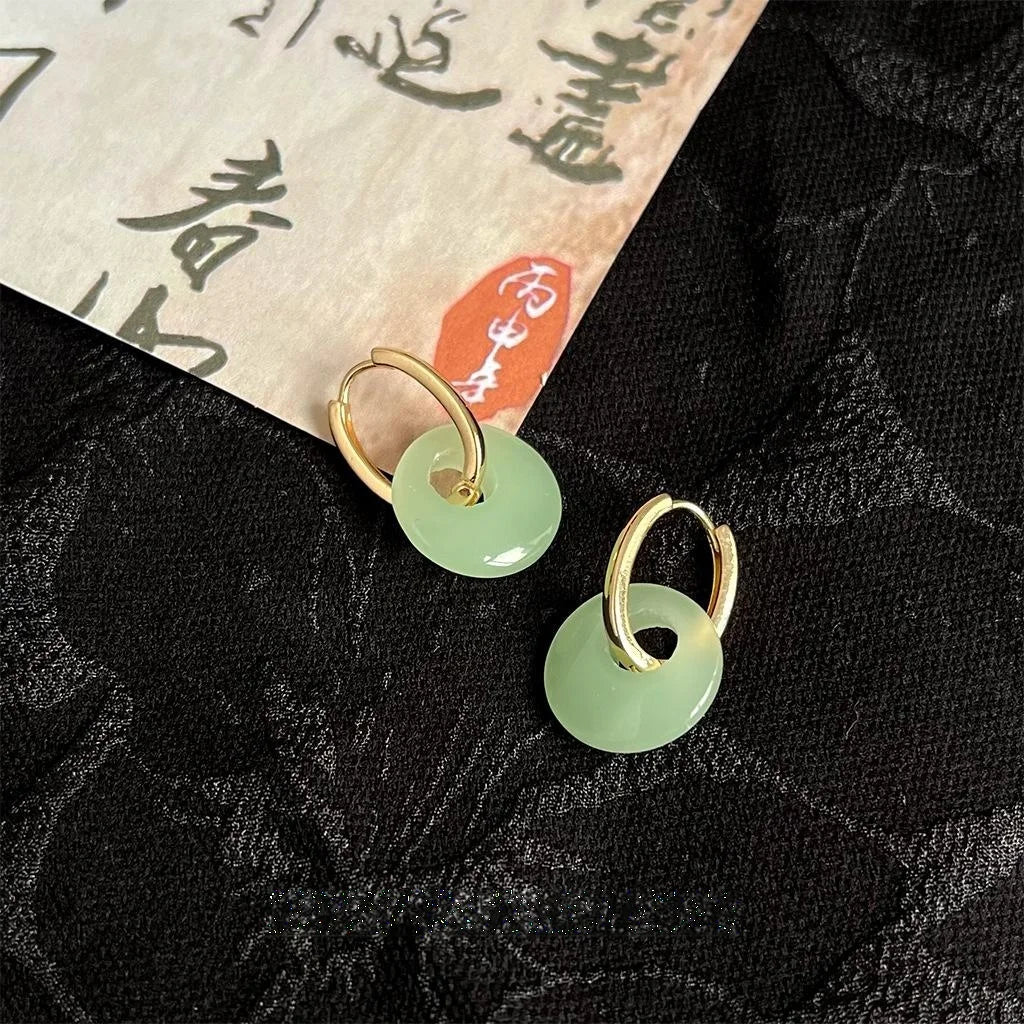 New Chinese Style Jade Color Peace Buckle Stud Earrings Copper Glass Crystal Geometric Jewelry