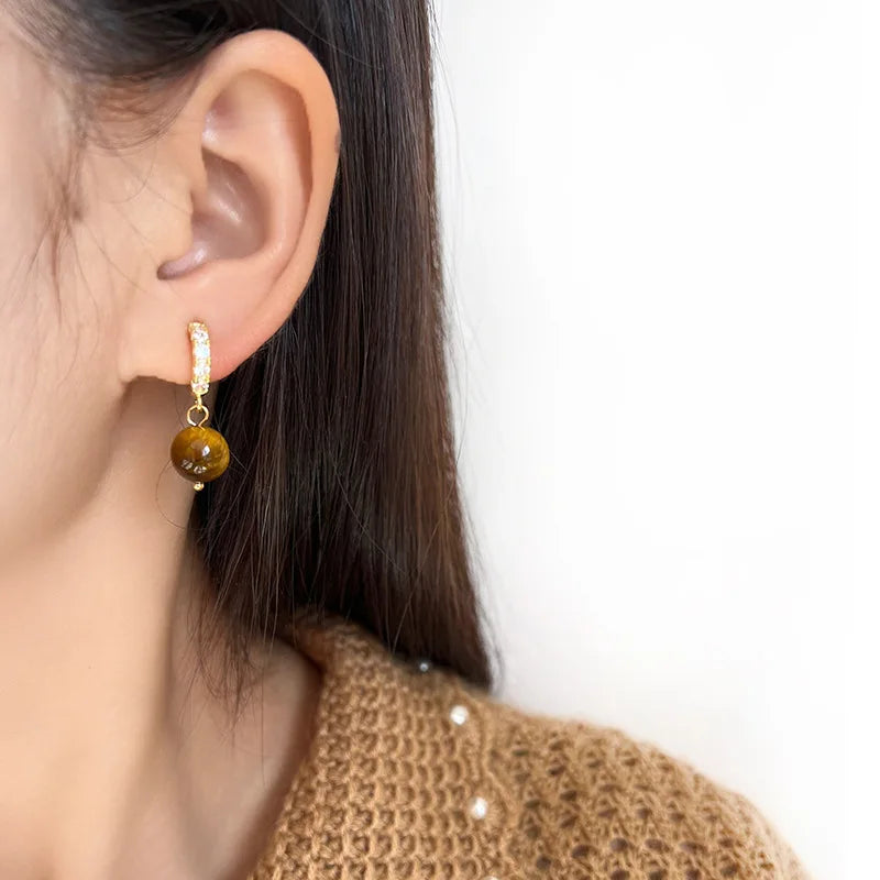 Vintage Tiger Eye Stone Bead Dangle Stud & Clip On No Piercing Zircon Spiral Disc Luxury Earrings